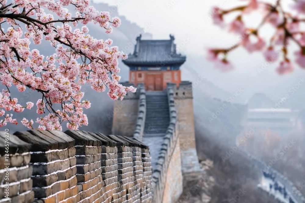 The Great Wall in the middle of spring, surrounded by blooming wildflowers and lush greenery The Great Wall in the middle of spring, surrounded by blooming wildflowers and lush greenery
