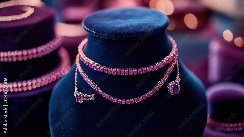 Elegant display of luxurious jewelry set with sparkling gemstones on a velvet cushion for fashion showcase Elegant display of luxurious jewelry set with sparkling gemstones on a velvet cushion for fashion showcase