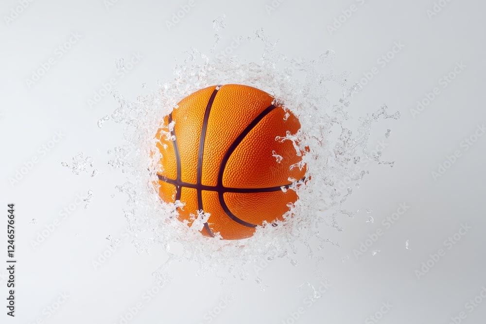 Basketball splashes through the net creating a vibrant effect against a light background Basketball splashes through the net creating a vibrant effect against a light background