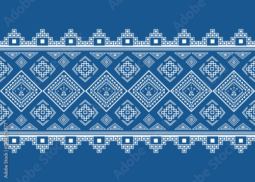 Simple but elegant ethnic geometric seamless pattern  with intricate indigo design Perfect for fabric pattern, wrapping, carpets and other textile fashion designs.