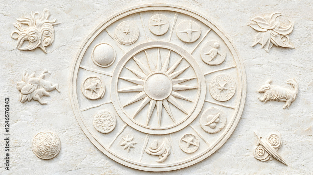 custom made wallpaper toronto digitalDecorative Zodiac Wheel, White Relief Carving, Intricate Design, Possible wall art