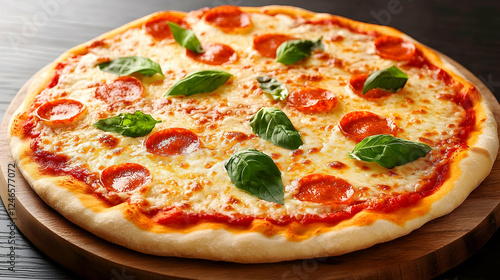 Delicious pepperoni pizza on wooden board photo