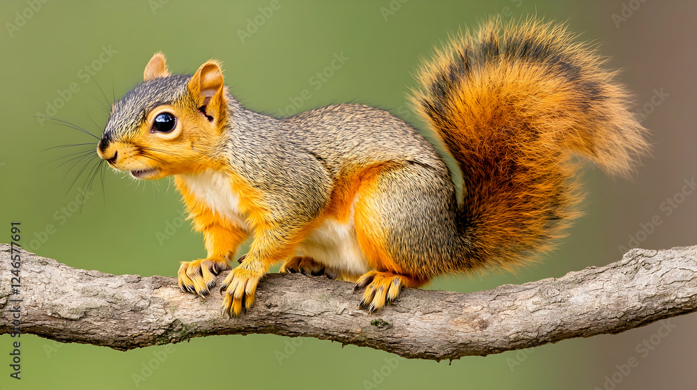 Eastern gray squirrel on branch, blurred green background. Possible use Educational resource Eastern gray squirrel on branch, blurred green background. Possible use Educational resource