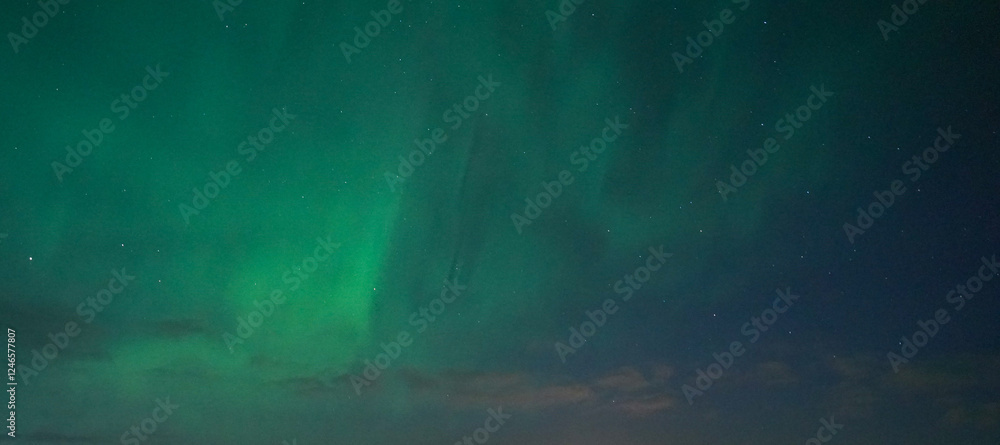 Fototapeta premium Stunning green aurora borealis over dark horizon.