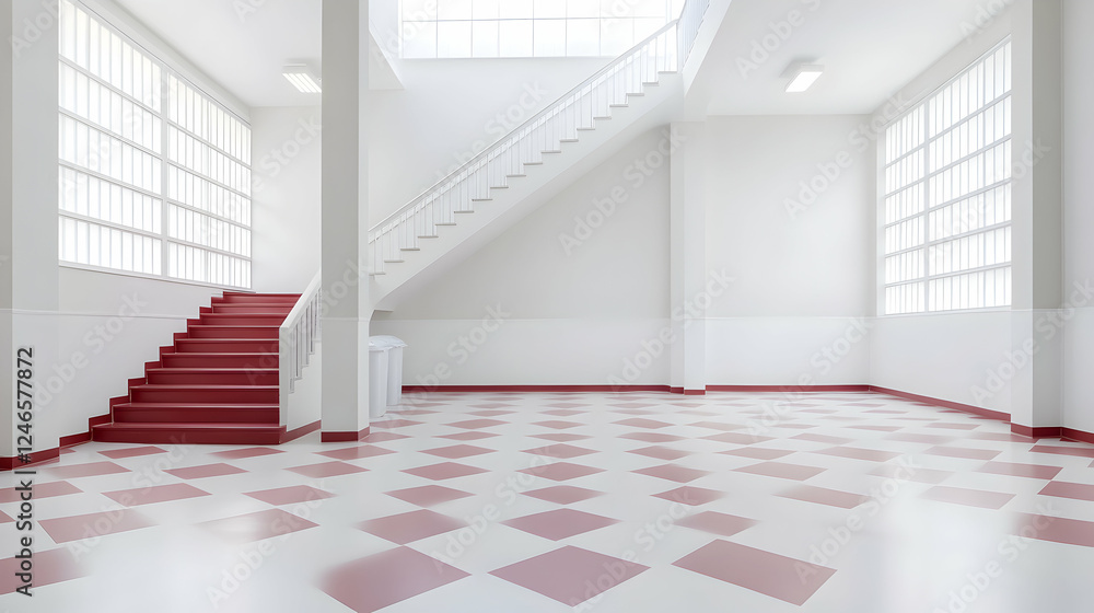 Obraz premium Empty, bright school hallway with stairs and checkered floor. Possible use Stock photo