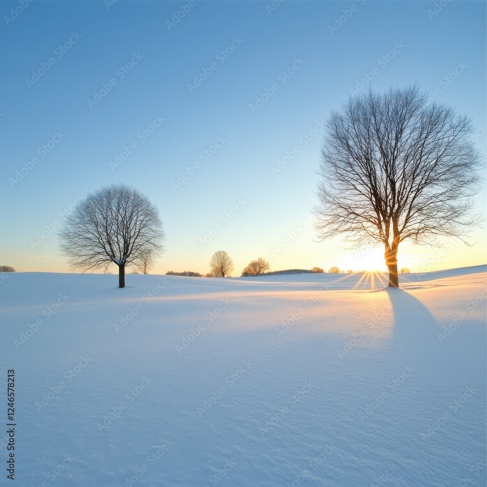 serene winter landscape featuring two bare trees silhouetted against bright blue sky, with soft snow covering ground and sun rising in background, creating peaceful atmosphere serene winter landscape featuring two bare trees silhouetted against bright blue sky, with soft snow covering ground and sun rising in background, creating peaceful atmosphere