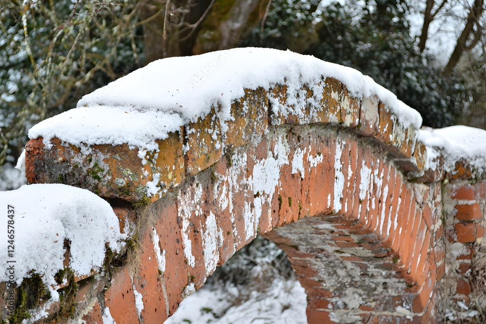 Fototapeta premium Snow-Dusted Brick Archway: A charming brick archway is beautifully adorned with a blanket of fresh snow, creating a picturesque winter scene.