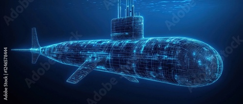 Futuristic Digital Rendering of a Neon Submarine Underwater in a Vibrant Blue Ocean Environment