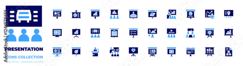 Presentation icon collection. Bold style. Duotone colors. meeting, presentation, learn, finance, training, class, spokesperson, banking, projection