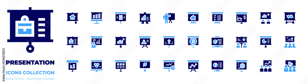 Presentation icon collection. Bold style. Duotone colors. presentation, training, graphic, career, tasks, bitcoin, solution, profit, businessmeeting, analysis Presentation icon collection. Bold style. Duotone colors. presentation, training, graphic, career, tasks, bitcoin, solution, profit, businessmeeting, analysis
