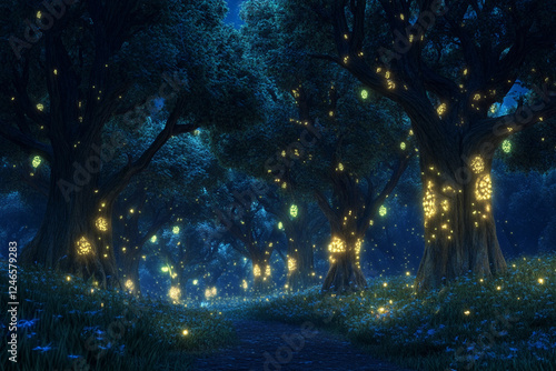 Enchanted forest filled with glowing lights and magical atmosphere at night
