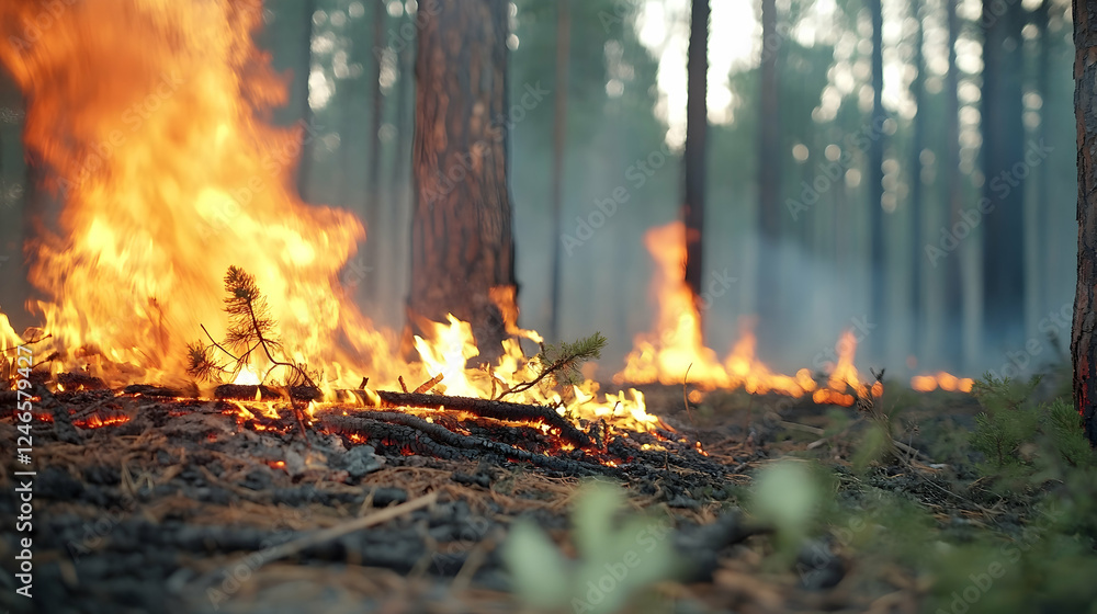 Forest fire, burning undergrowth, trees ablaze, dangerous natural disaster, a potential environmental catastrophe Forest fire, burning undergrowth, trees ablaze, dangerous natural disaster, a potential environmental catastrophe