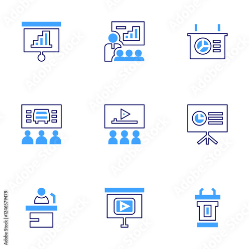 Presentation icon set. Bold line style. Duotone colors. Editable stroke. presentation, learn, class, spokesperson, lectern, speech