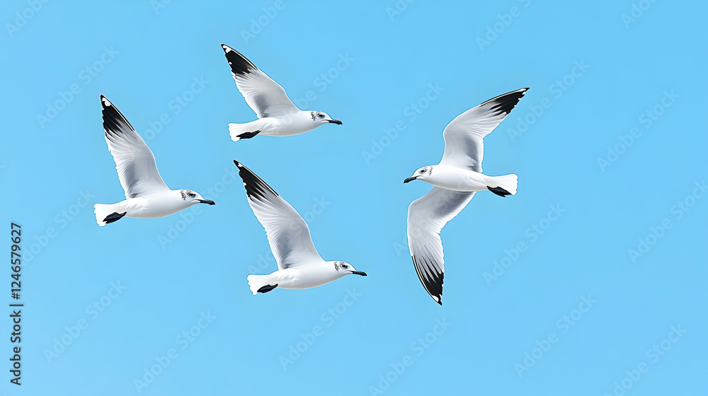 Four seagulls in flight against a clear sky. Possible use nature, wildlife, animals, education Four seagulls in flight against a clear sky. Possible use nature, wildlife, animals, education