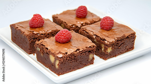 Four squares of chocolate brownies with raspberries on a white plate photo