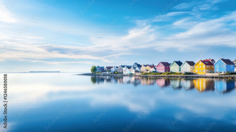 Fototapeta premium Colorful Coastal Houses Reflecting on Calm Water Under Blue Sky