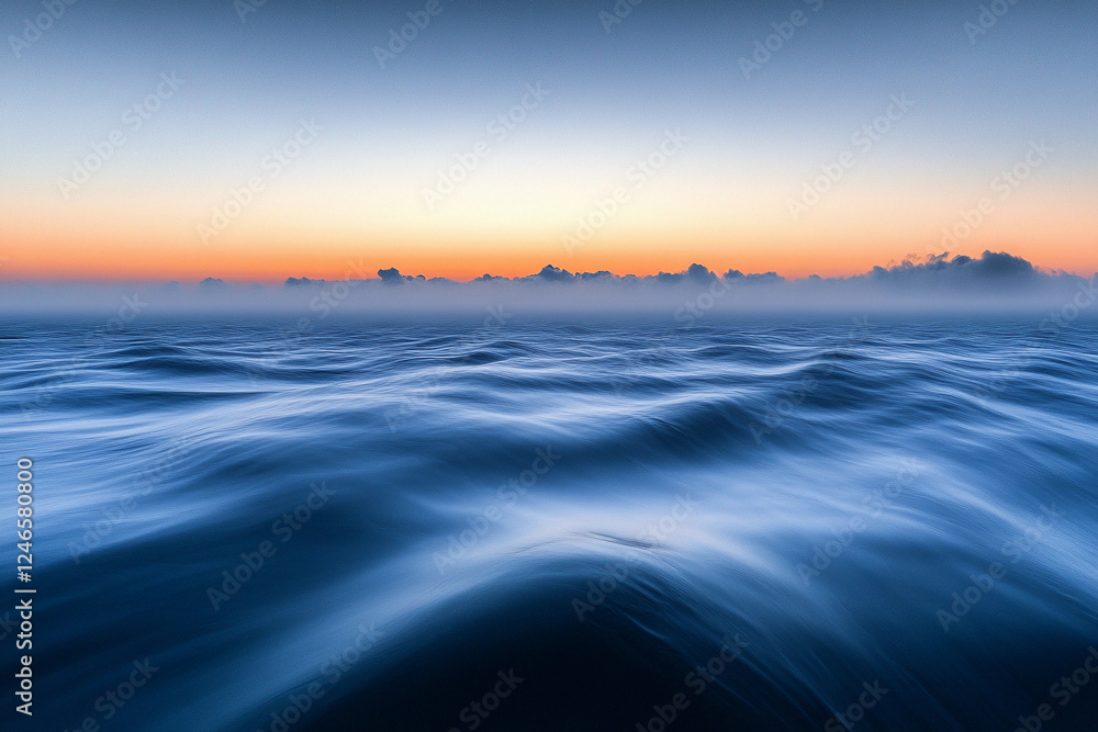 Obraz premium Sunset over calm ocean waters creates a serene atmosphere with vibrant colors on the horizon