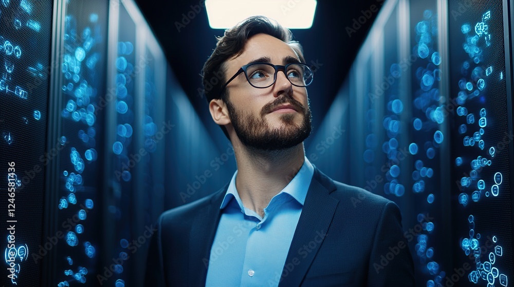 Fototapeta premium A man in a suit stands confidently in a high-tech server room with glowing blue lights around him.