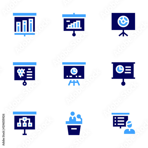 Presentation icon set. Bold style. Duotone colors. presentation, whiteboard, growthchart photo