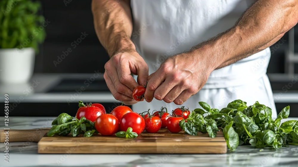 Fresh Red Tomatoes and Basil Being Prepared on a Wooden Cutting Board in a Bright Kitchen Setting Fresh Red Tomatoes and Basil Being Prepared on a Wooden Cutting Board in a Bright Kitchen Setting