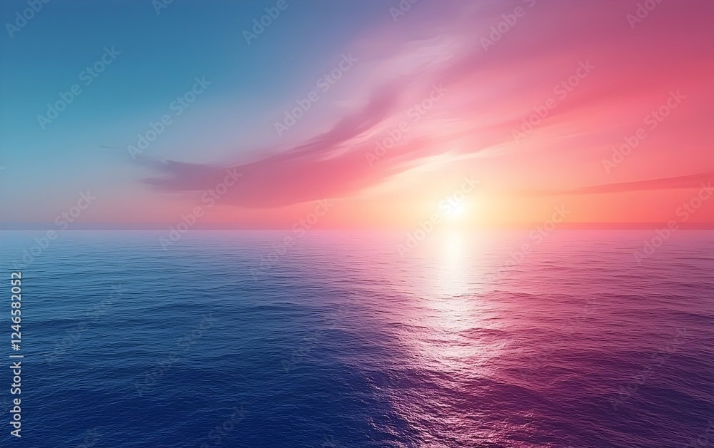 Fototapeta premium A serene ocean landscape at sunset, showcasing a smooth water surface reflecting vibrant hues of pink and blue in the sky. A tranquil moment of natural beauty.