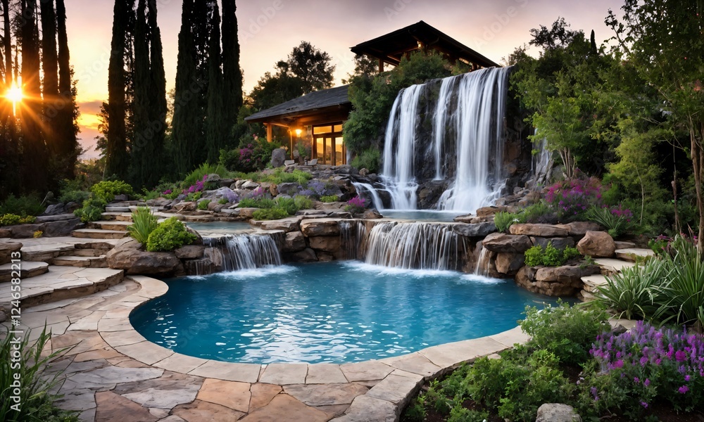 Naklejka premium Grand Waterfall in a Botanical Garden Flowing into a Pool at Sunset – Breathtaking Landscape Design with Flowing Water and Vibrant Colors