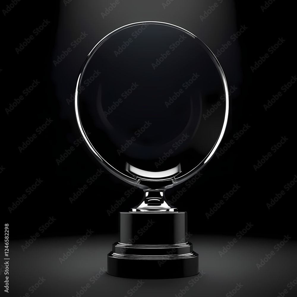 A 3D rendering of a black round glass trophy mockup illuminated in a dark setting A 3D rendering of a black round glass trophy mockup illuminated in a dark setting