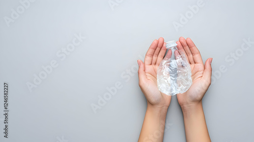 Hands holding crushed plastic water bottle on gray background.  Promoting recycling photo