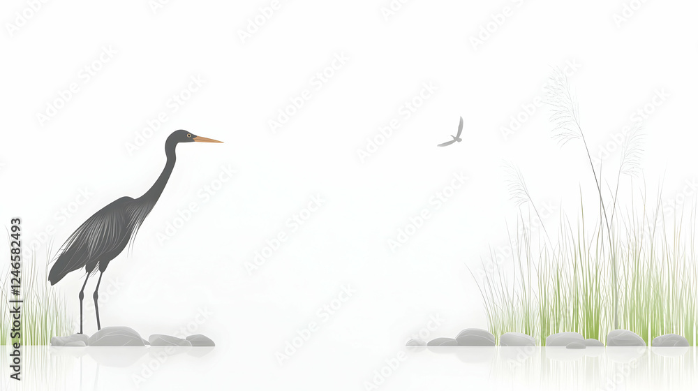 Fototapeta premium Heron by a calm water's edge, tranquil scene