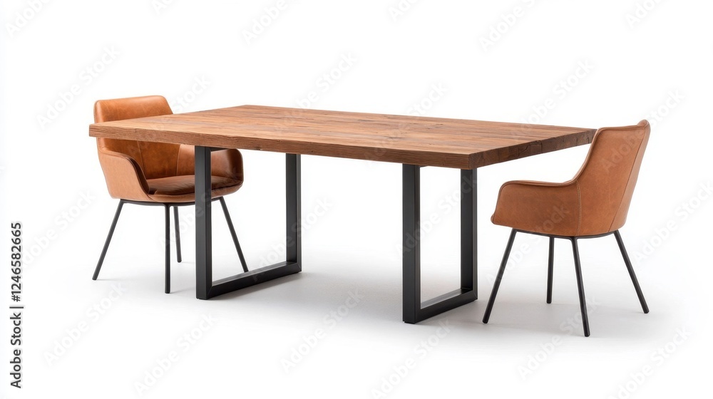 Industrial Dining Table with Steel Frame and Leather Chairs Industrial Dining Table with Steel Frame and Leather Chairs