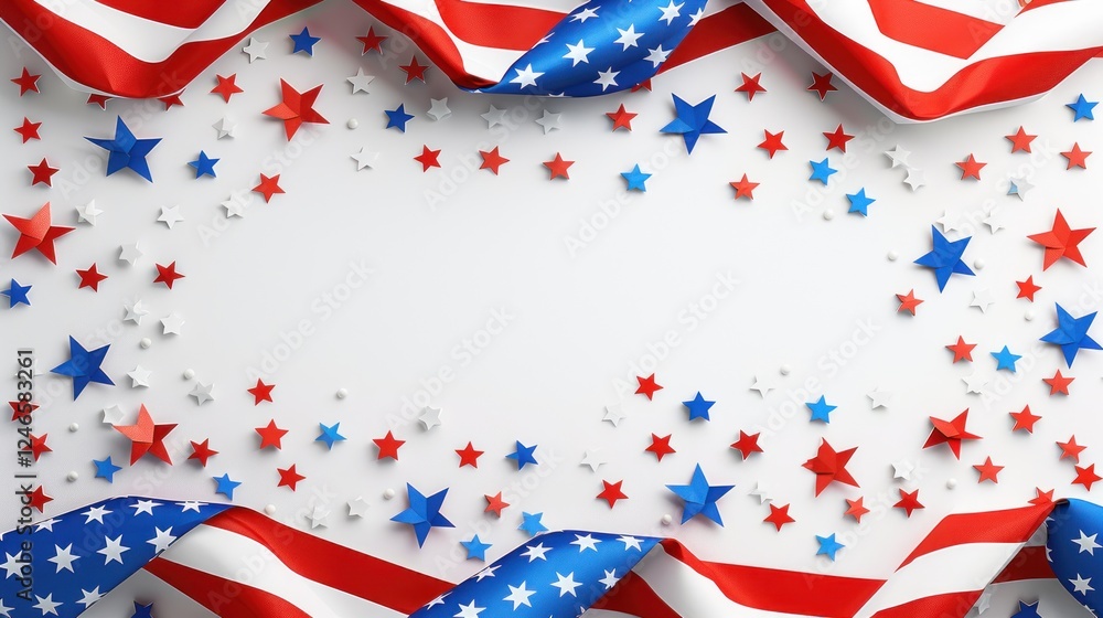 Obraz premium USA themed background Festive Red, White, and Blue Decoration with Stars and Ribbons for Celebrating Independence Day or National Holidays