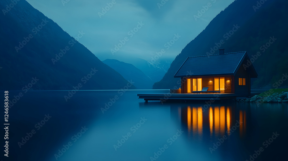 Fototapeta premium Lakeside cabin at dusk, tranquil scene, Norway, relaxing getaway, potential use for travel brochure