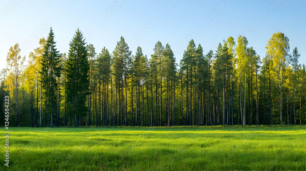 Lush green meadow meets a line of tall trees under a clear sky at dawn/dusk. Ideal for nature, tranquility, and peace Lush green meadow meets a line of tall trees under a clear sky at dawn/dusk. Ideal for nature, tranquility, and peace