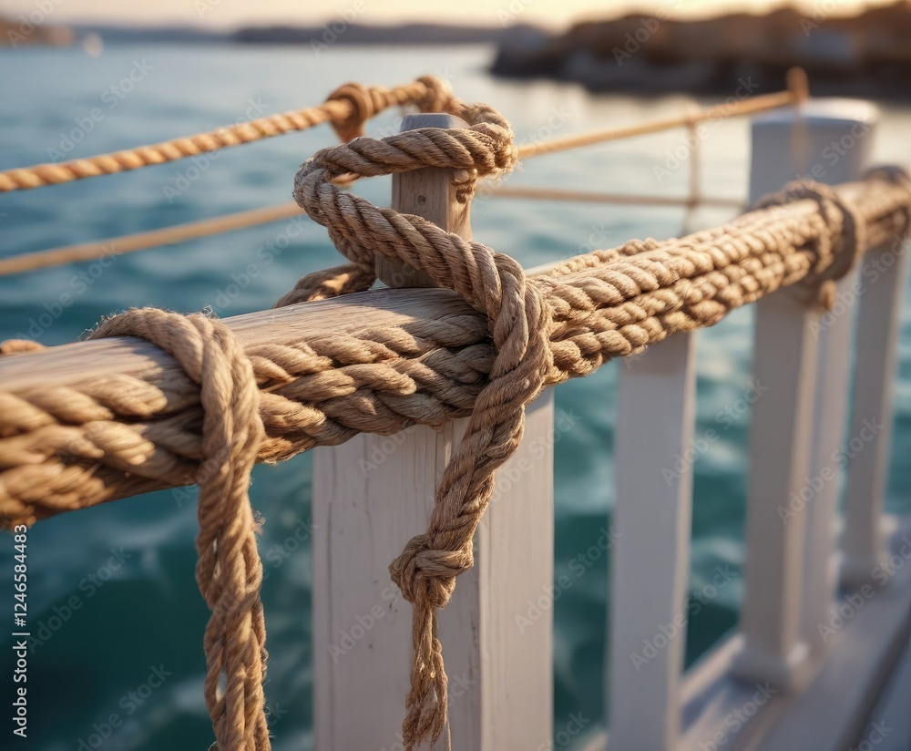 Rope tied to boat railing with gentle waves in the background, seaside scenery, sea view Rope tied to boat railing with gentle waves in the background, seaside scenery, sea view