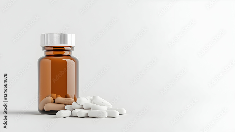 Medicine bottle with pills on white background. Possible use Pharmaceutical product display Medicine bottle with pills on white background. Possible use Pharmaceutical product display