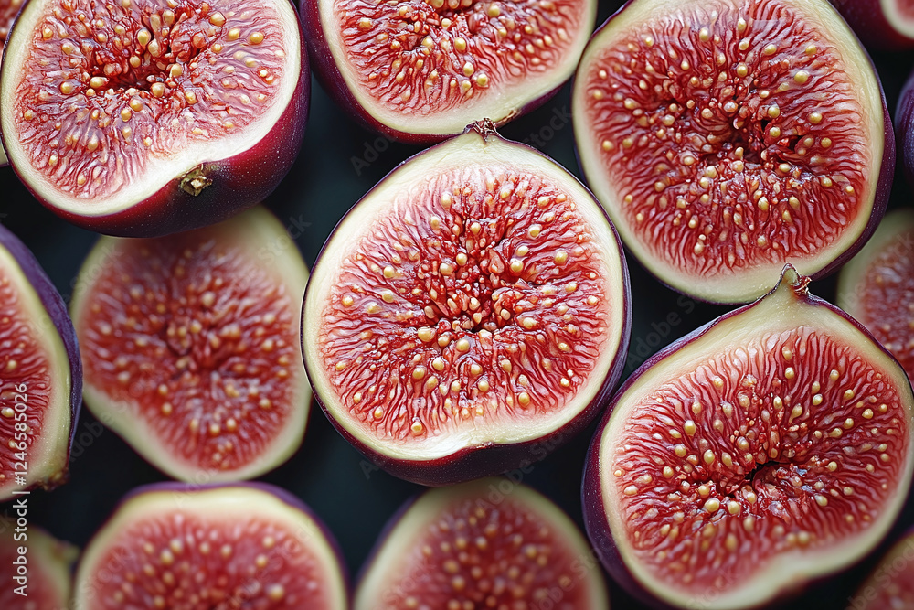 A vibrant arrangement of fresh purple figs cut in half displayed over a dark backdrop, showcasing their rich color and texture. A vibrant arrangement of fresh purple figs cut in half displayed over a dark backdrop, showcasing their rich color and texture.