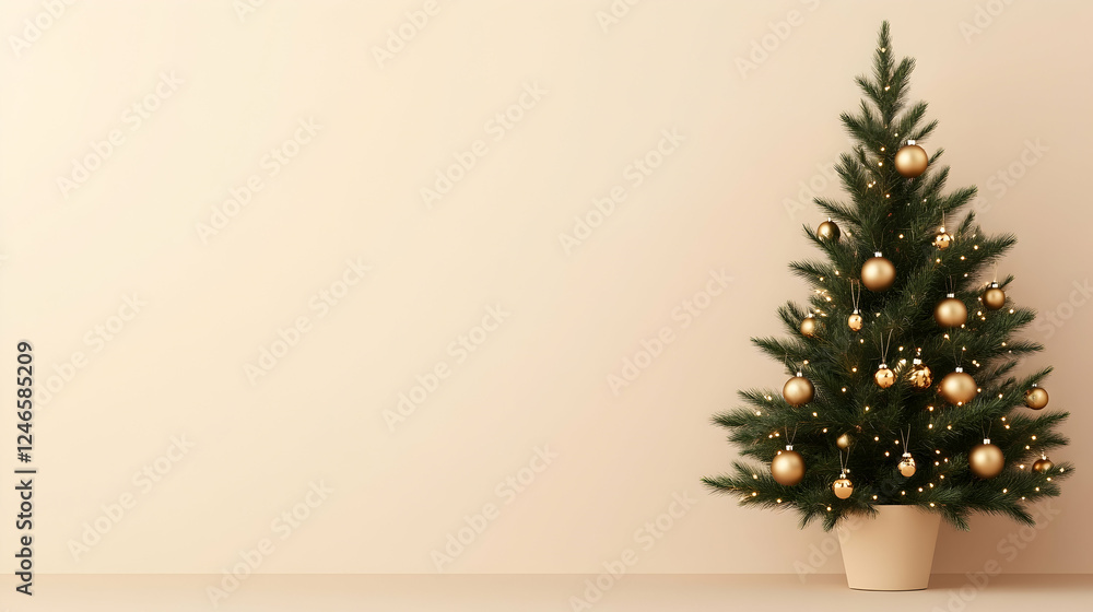 Minimalist Christmas tree in room with beige wall and floor. Home decor for holiday season. Background is empty, ideal for ads Minimalist Christmas tree in room with beige wall and floor. Home decor for holiday season. Background is empty, ideal for ads