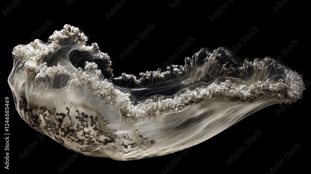 A translucent jellyfish with intricate textures and patterns against a dark background. A translucent jellyfish with intricate textures and patterns against a dark background.