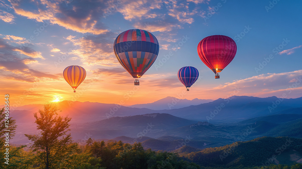 Naklejka premium Majestic multi colored hot air balloons at valley sunrise. 