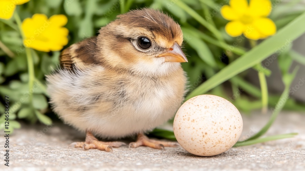 Fototapeta premium Young Bird Near Egg, Nestling in Green Grass