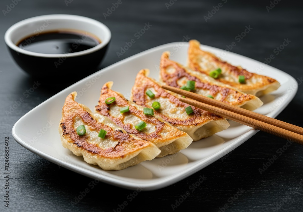 side view of gyoza with soy sauce and chopsticks on a plate side view of gyoza with soy sauce and chopsticks on a plate