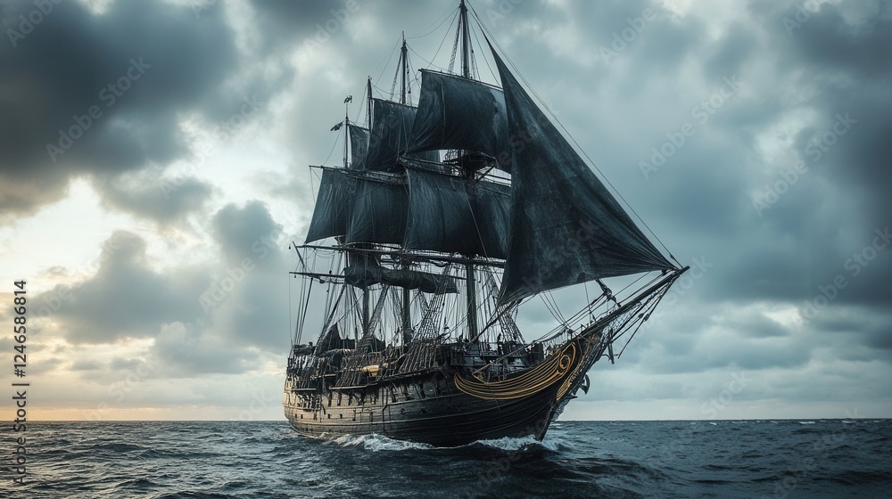 Pirate ship with black sails in the open sea, maritime landscape, sunset, stormy clouds, historical sailing vessel, ghost ship, sea adventure, legendary frigate, mysterious atmosphere Pirate ship with black sails in the open sea, maritime landscape, sunset, stormy clouds, historical sailing vessel, ghost ship, sea adventure, legendary frigate, mysterious atmosphere