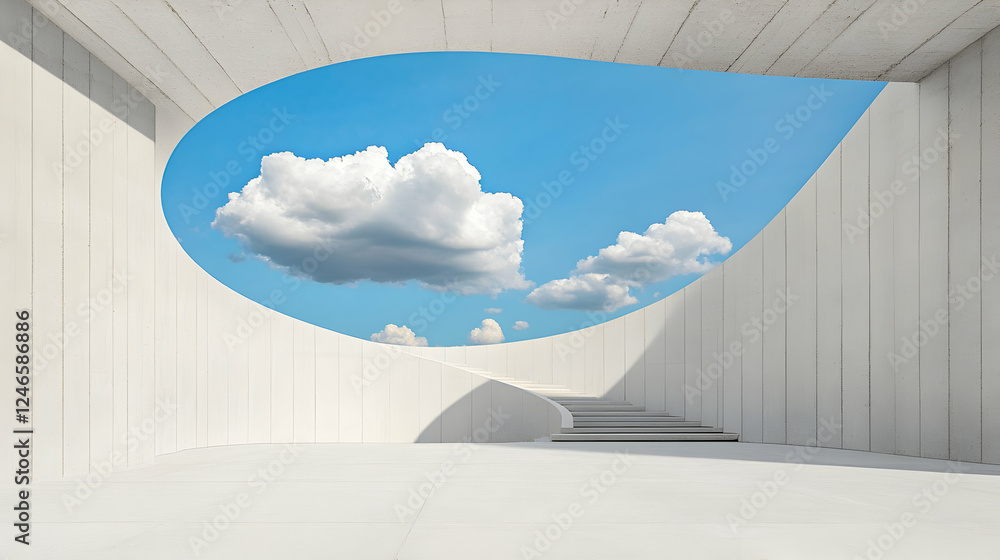 Modern white concrete spiral staircase with sky view. Possible use Architectural photography, interior design, or a digital background Modern white concrete spiral staircase with sky view. Possible use Architectural photography, interior design, or a digital background
