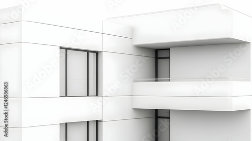 Modern white apartment building facade, exterior view, architectural design, digital rendering, for use in real estate marketing photo