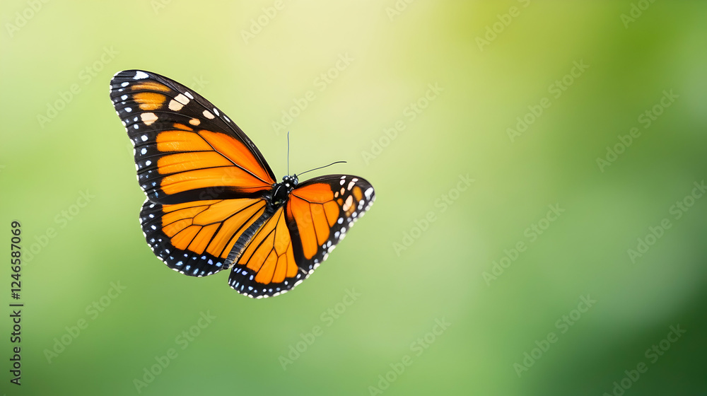 Fototapeta premium Monarch butterfly in flight, soft green background. Possible use nature, education, greeting cards