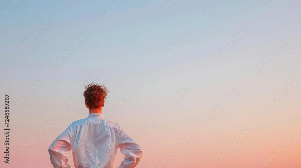 Young Man Looking at Beautiful Sunset Sky with Soft Colors Over Horizon in Calm Environment Young Man Looking at Beautiful Sunset Sky with Soft Colors Over Horizon in Calm Environment