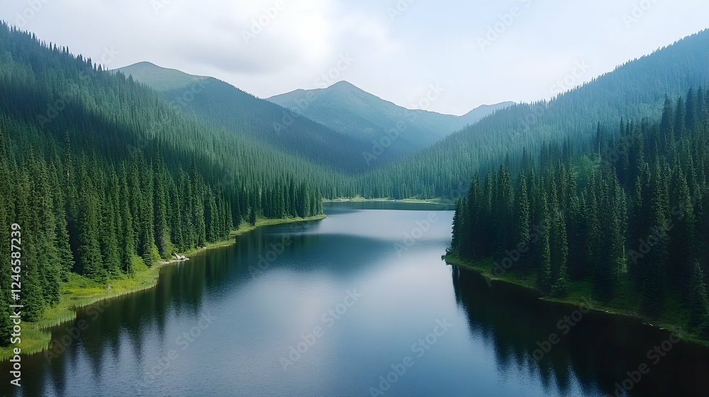 Mountain lake, lush forests, aerial view, tranquil scene, nature backdrop Mountain lake, lush forests, aerial view, tranquil scene, nature backdrop
