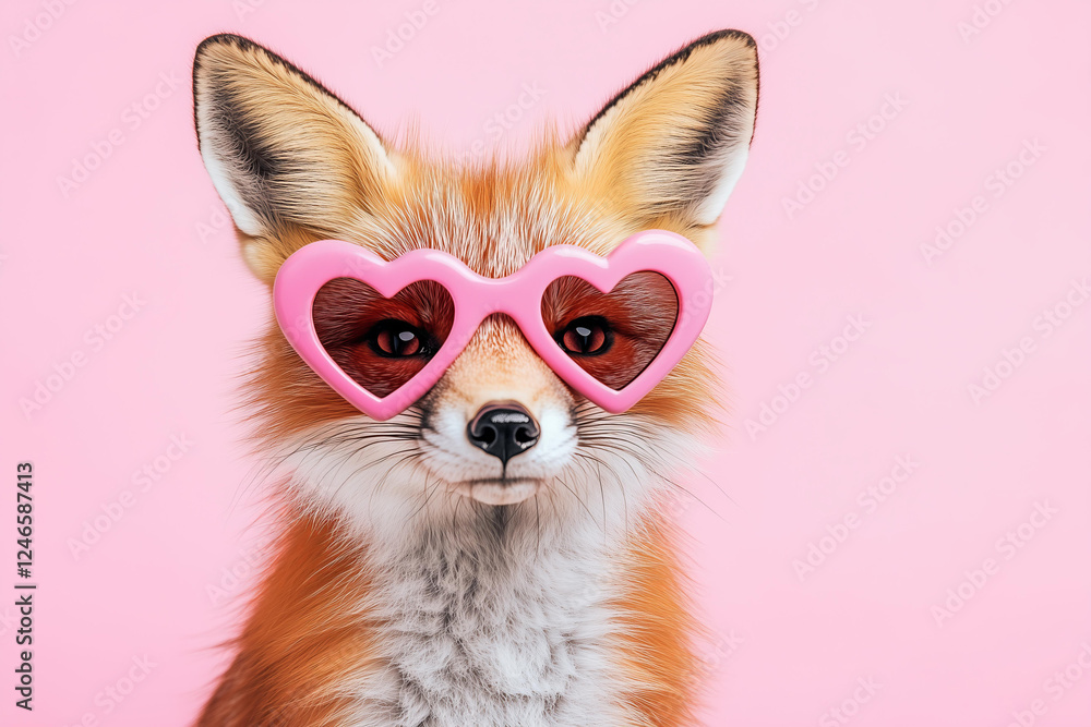Obraz premium closeup photo of a stylish fox wearing oversized pink heart-shaped sunglasses. expression is calm and confident, exuding a playful and trendy vibe. The background is a solid pastel pink 