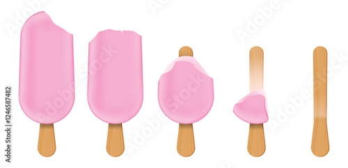 Set illustration of showing the progressive stages of a pink ice cream popsicle being eaten, from a whole treat to an empty wooden stick. The image represents the concept of consumption, melting, and