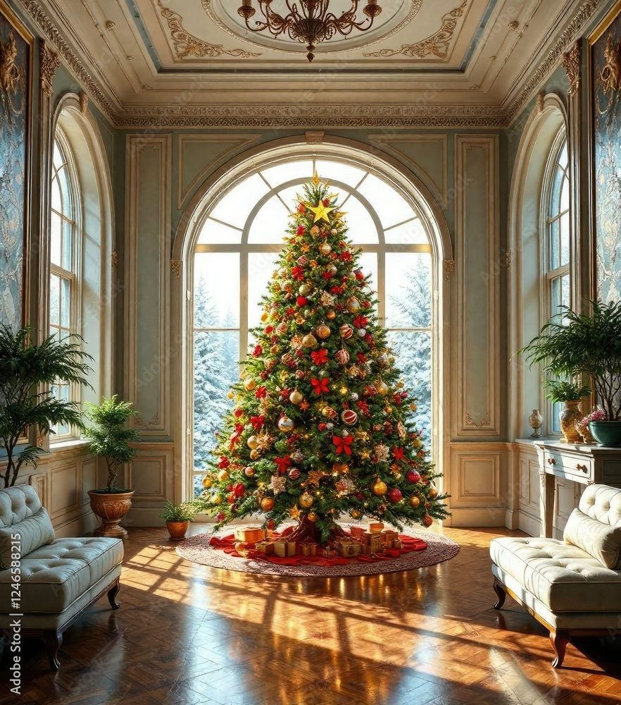 Panoramic view of a beautifully decorated evergreen tree in a room, Festive decor, Holiday atmosphere Panoramic view of a beautifully decorated evergreen tree in a room, Festive decor, Holiday atmosphere